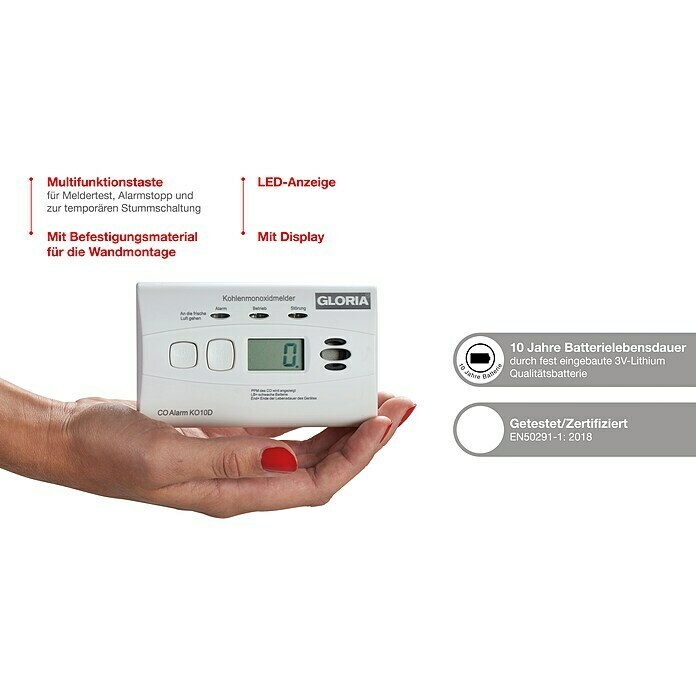 Gloria Kohlenmonoxidmelder KO10D (L x B x H: 116 x 72 x 40 mm, Batterielaufzeit: 10 Jahre) | BAUHAUS