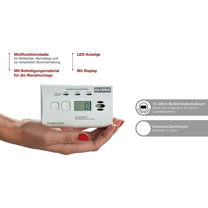 Gloria Kohlenmonoxidmelder KO10D - L x B x H: 116 x 72 x 40 mm, Batterielaufzeit: 10 Jahre - Kohlenmonoxidmelder Gloria KO10D in einer Hand, der über eine 10-Jahres-Batterie und Display verfügt. Geprüft nach EN50291-1:2018.