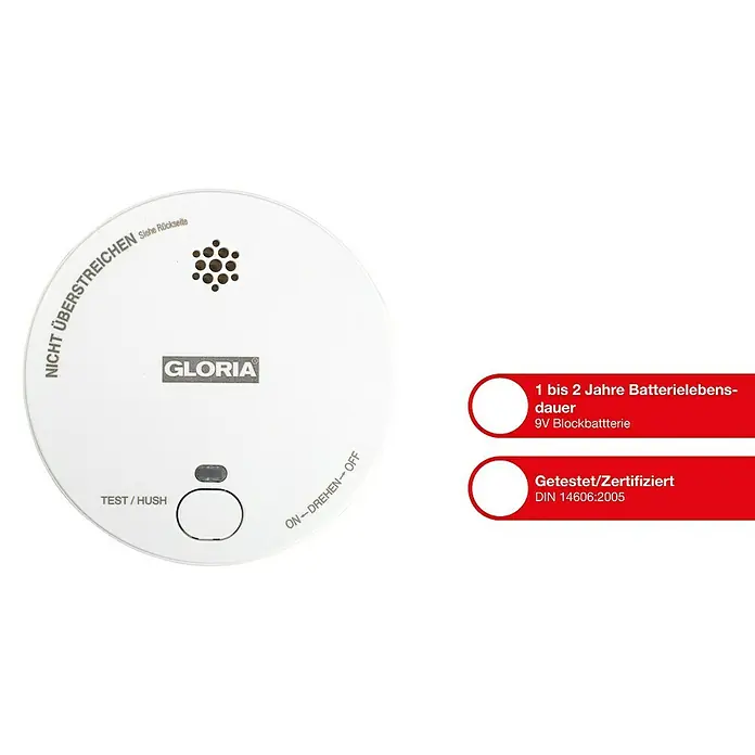 Gloria Rauchwarnmelder R-1 - Durchmesser: 100 mm, Batterielaufzeit: 2 Jahre, Alarmsignal: 85 dB - Rauchmelder Gloria mit Testknopf und Hinweisen zur Batterielebensdauer und Zertifizierung.