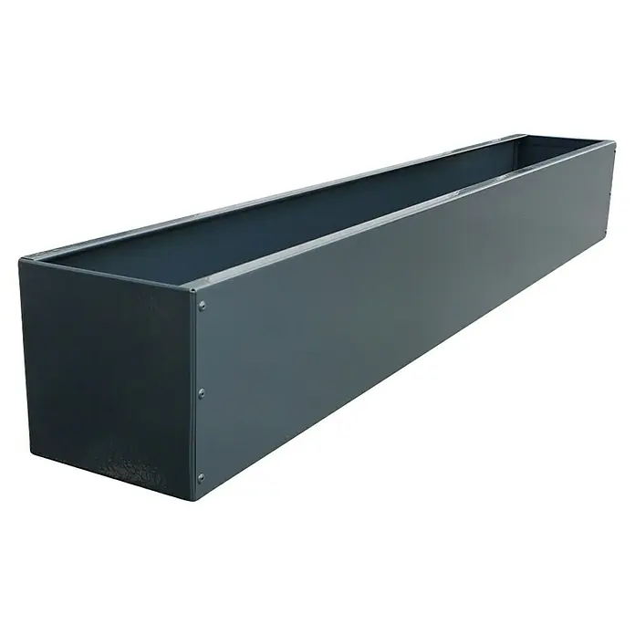 WMT Pflanzkasten RAL 7016 - L x B x H: 80 x 140 x 10 cm, Anthrazit, Geeignet für: Stabgitterzäune, Stahl - Dieser Artikel zeigt einen länglichen, dunkelgrauen Pflanzkasten mit abgerundeten Ecken, ideal für den Garten oder die Terrasse.