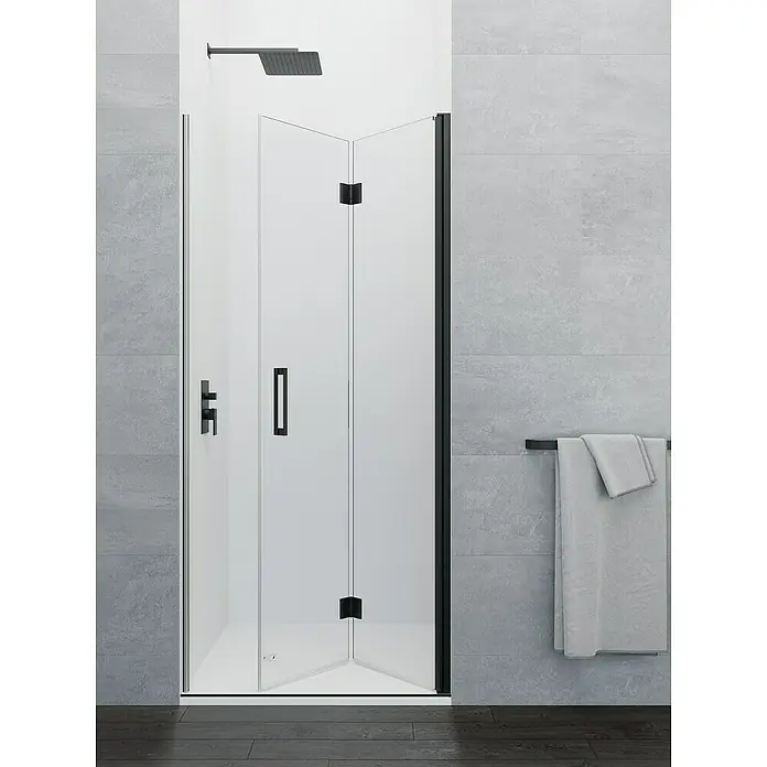 GME Mampara de ducha plegable Glass Combi 1 - 85 x 195 cm, Negro, Espesor de vidrio: 6 mm, An x Al: 85 (50/35) x 195 cm - Moderna cabina de ducha con paneles de vidrio transparente y detalles en negro que realzan el diseño elegante del baño.