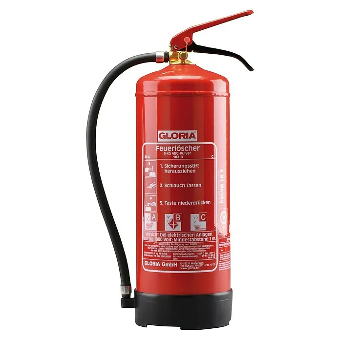 Gloria Feuerlöscher PD6GA - Löschmittel: Pulver - Roter Gloria ABC-Pulver Feuerlöscher, 6 kg, mit Bedienungsanleitung und Warnhinweisen.
