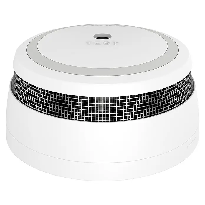 Gloria Funkrauchwarnmelder Cavius 2106 - Durchmesser: 78 cm, Batterielaufzeit: 10 Jahre, Alarmsignal: 85 dB - Das Bild zeigt einen runden, weißen Rauchmelder mit einem grauen Ring und der Aufschrift "TEST" auf der Oberseite.