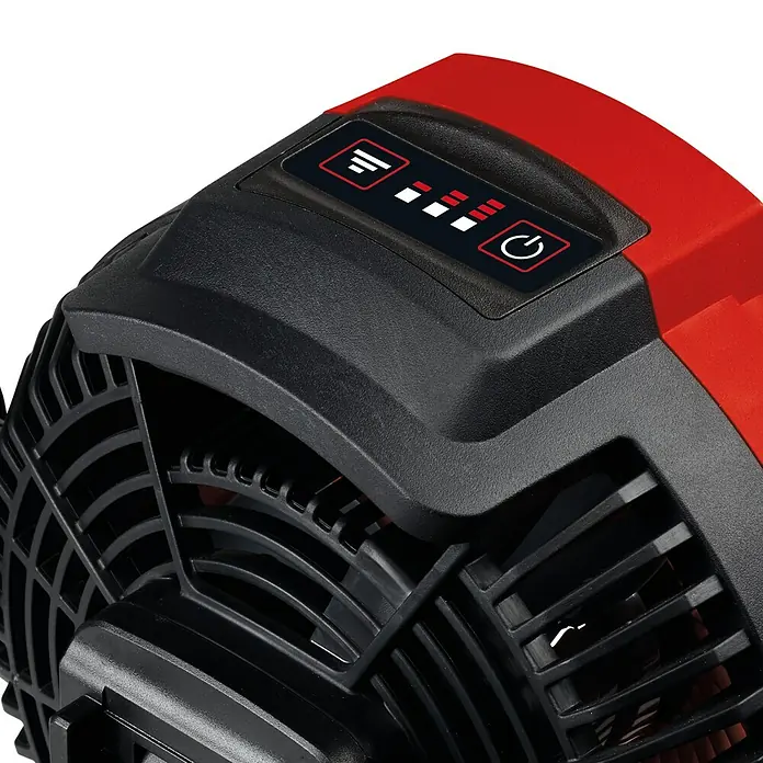 Einhell Power X-Change 18V Akku-Ventilator GE-CF 18/2200 Li - Solo - 18 V, Ohne Akku - Detailaufnahme eines roten Ventilators mit schwarzem Schutzgitter und Bedienelementen zur Geschwindigkeitsregulierung.