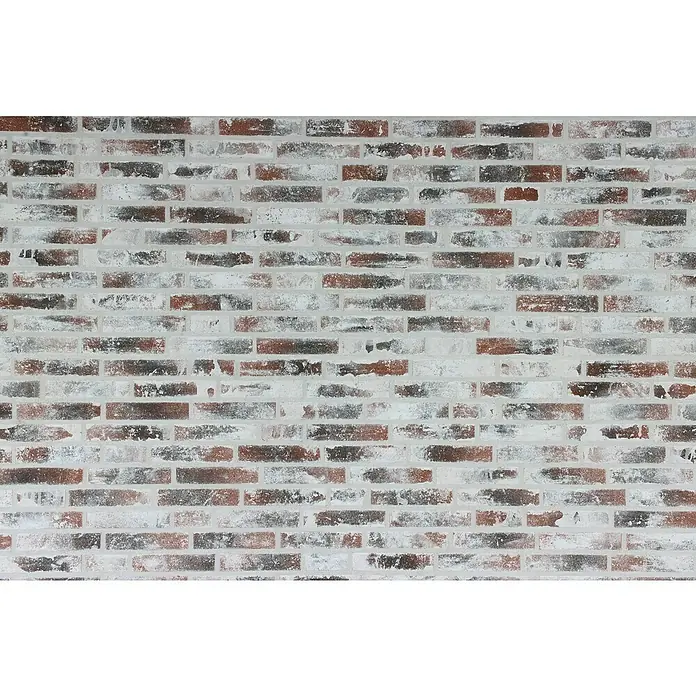 Celina Klinker Verblendstein Vintage Brooklyn - 5,2 x 24 cm, Rot/Weiß, Steinoptik - Nahaufnahme einer Ziegelwand mit einer weißen Tünche, die eine rustikale und Vintage-Atmosphäre erzeugt. Die Ziegel sind rot, grau und schwarz gefärbt.