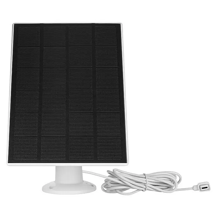 Abus Solarmodul PPIC91600 W PRO - L x B x H: 12 x 1 x 17 cm, IP65 - Schwarzes Solarpanel mit weißer Halterung und aufgerolltem weißem Ladekabel.