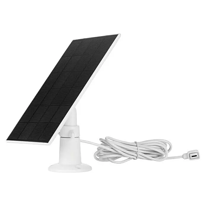 Abus Solarmodul PPIC91600 W PRO - L x B x H: 12 x 1 x 17 cm, IP65 - Weißes Solarpanel mit dunkelgrauer Oberfläche auf einer weißen Halterung, verbunden mit einem aufgerollten weißen Kabel.