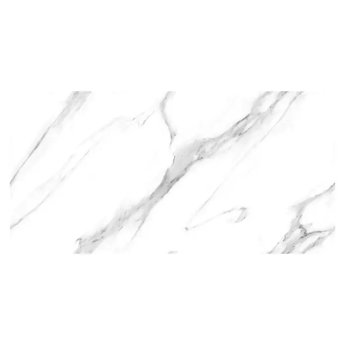 Feinsteinzeugfliese Prisma Statuario - 60 x 120 cm, Stärke: 9 mm, Weiß/Grau, Hochglänzend - Ein elegantes Bild einer weißen Marmorfliese mit grauen Adern, ideal für moderne Innenräume. Die Fliese bietet eine stilvolle und luxuriöse Optik.