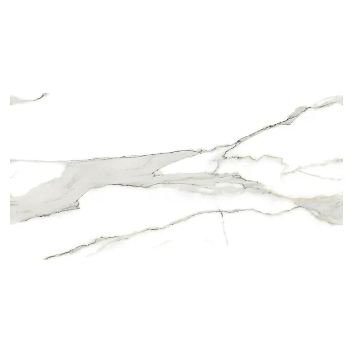 Feinsteinzeugfliese Calacatta Gold - 60 x 120 cm, Stärke: 9 mm, Weiß/Grau/Gold, Hochglänzend - Das Bild zeigt eine elegante Marmorfliese in Weiß mit grauen Adern, ideal für moderne Innenräume. Perfekt für stilvolle Boden- und Wandgestaltung.
