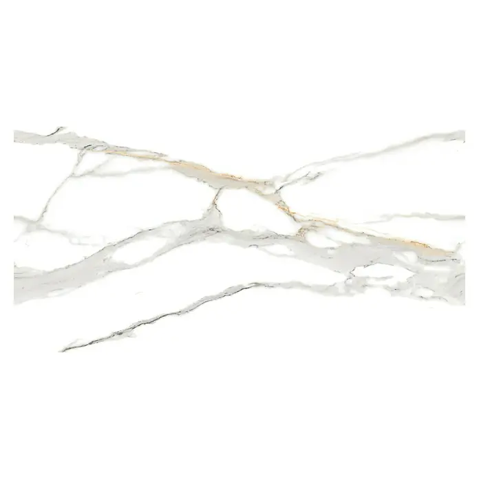 Feinsteinzeugfliese Calacatta Gold - 60 x 120 cm, Stärke: 9 mm, Weiß/Grau/Gold, Hochglänzend - Elegante Marmorfliese mit markanten grauen und goldenen Adern auf weißem Grund. Ideal für stilvolle Innenräume, die ein luxuriöses Flair suchen.