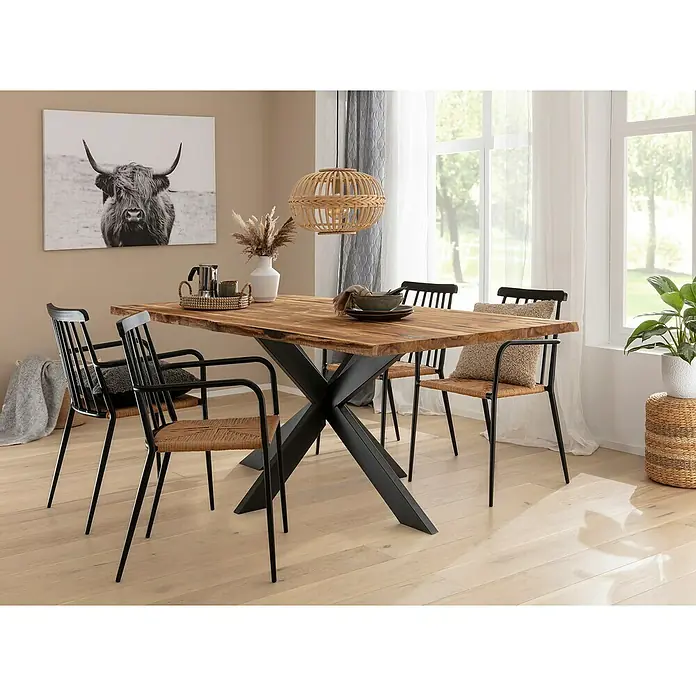 Tischbein CITYLINE Spider - 1.400 x 900 x 720 mm, Schwarz - Exklusiver Esstisch aus Akazienholz mit robustem X-förmigen Stahlgestell und Stühlen mit naturfarbenem Rattangeflecht für ein stilvolles Ambiente.