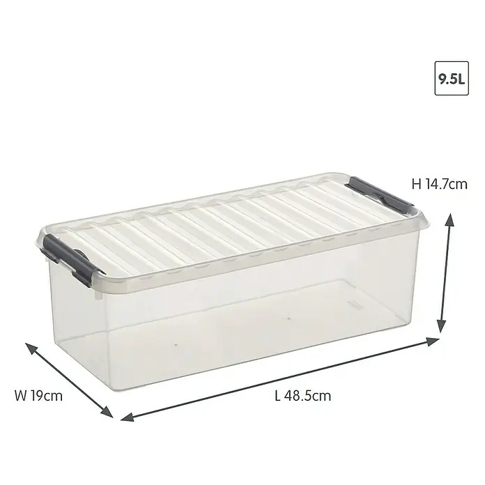 Sunware Aufbewahrungsbox Q-Line - L x B x H: 48,5 x 19 x 14,7 cm, Kunststoff, Transparent, Farbe Griff: Schwarz - Klarsichtige 9,5L Aufbewahrungsbox mit Deckel und den Maßen 48,5 x 19 x 14,7 cm. Ideal zur Lagerung verschiedener Gegenstände.