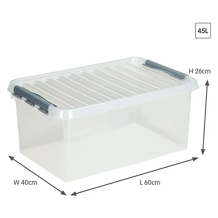 Sunware Aufbewahrungsbox Q-Line - L x B x H: 60 x 40 x 26 cm, Kunststoff, Transparent, Farbe Griff: Schwarz - Hier ist eine transparente 45-Liter-Aufbewahrungsbox aus Kunststoff mit grauem Deckel und den Maßen 60x40x26 cm.