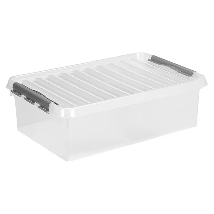 Sunware Aufbewahrungsbox Q-Line - L x B x H: 60 x 40 x 18 cm, Kunststoff, Transparent, Farbe Griff: Schwarz - Transparente Aufbewahrungsbox aus Kunststoff mit Deckel und grauen Verschlussclips für eine sichere Lagerung.
