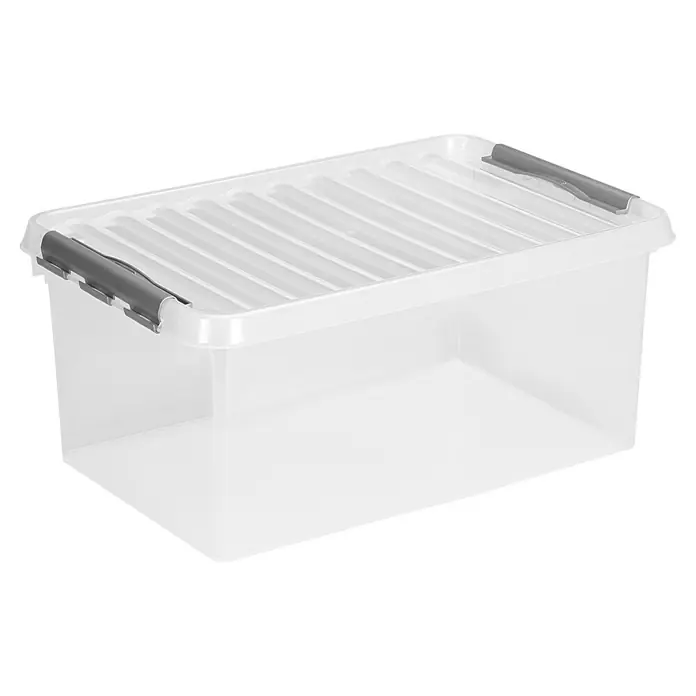 Sunware Aufbewahrungsbox Q-Line - L x B x H: 60 x 40 x 26 cm, Kunststoff, Transparent, Farbe Griff: Schwarz - Eine transparente Aufbewahrungsbox mit geripptem Deckel und grauen Verschlussclips, ideal für die Organisation von Gegenständen.