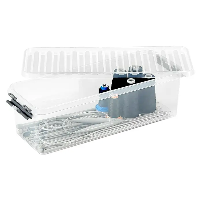 Sunware Aufbewahrungsbox Q-Line - L x B x H: 48,5 x 19 x 14,7 cm, Kunststoff, Transparent, Farbe Griff: Schwarz - Aufbewahrungsbox aus durchsichtigem Kunststoff mit Stricknadeln und Garnrollen für Strickzubehör. Ideale Aufbewahrungslösung.