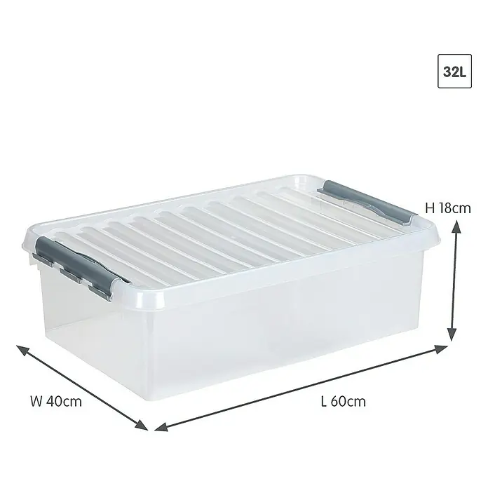 Sunware Aufbewahrungsbox Q-Line - L x B x H: 60 x 40 x 18 cm, Kunststoff, Transparent, Farbe Griff: Schwarz - Ein transparenter 32L Aufbewahrungsbehälter mit Deckel und grauen Griffen, ideal für die Lagerung verschiedener Gegenstände.