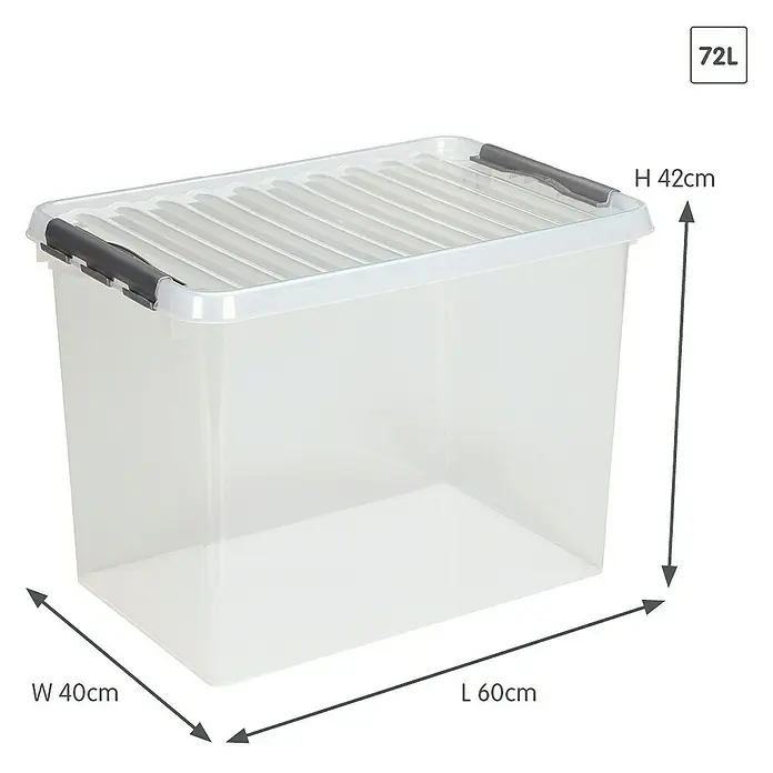 Sunware Aufbewahrungsbox Q-Line - L x B x H: 60 x 40 x 42 cm, Kunststoff, Transparent, Farbe Griff: Schwarz - Produktbild einer transparenten 72L Aufbewahrungsbox aus Kunststoff mit Deckel, Maße: 60x40x42 cm.