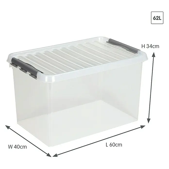 Sunware Aufbewahrungsbox Q-Line - L x B x H: 60 x 40 x 34 cm, Kunststoff, Transparent, Farbe Griff: Schwarz - Aufbewahrungsbox aus transparentem Kunststoff mit grauem Deckel und Verschlussclips. Das Fassungsvermögen beträgt 62 Liter.
