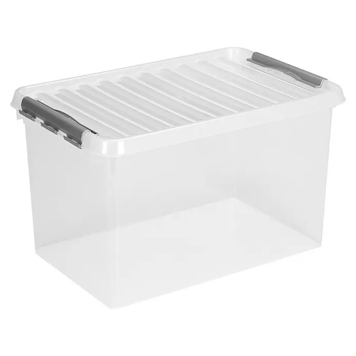 Sunware Aufbewahrungsbox Q-Line - L x B x H: 60 x 40 x 34 cm, Kunststoff, Transparent, Farbe Griff: Schwarz - Transparente Aufbewahrungsbox mit Deckel und grauen Verschlüssen zur praktischen Lagerung verschiedener Gegenstände.
