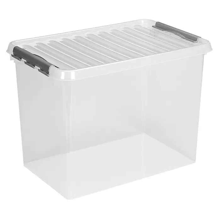 Sunware Aufbewahrungsbox Q-Line - L x B x H: 60 x 40 x 42 cm, Kunststoff, Transparent, Farbe Griff: Schwarz - Transparente Aufbewahrungsbox mit Deckel und grauen Verschlüssen zur sicheren Aufbewahrung von Gegenständen. Ideal für Haushalt und Büro.