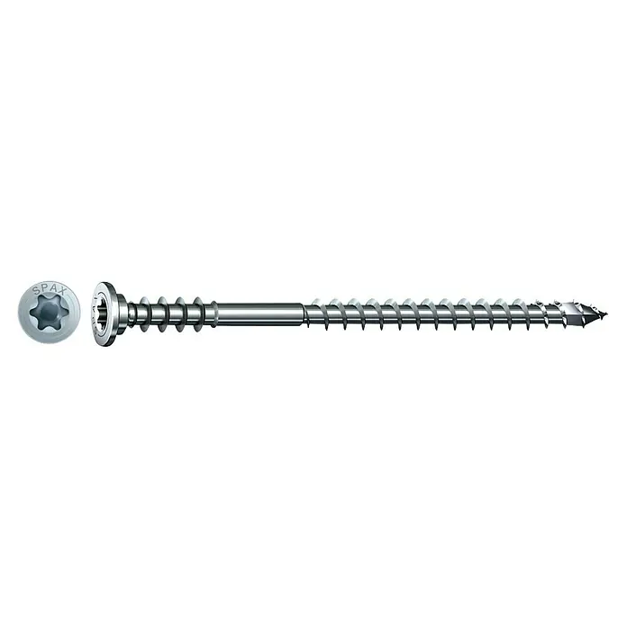 Spax Justierschraube T-Star plus - Durchmesser: 6 mm, Länge: 145 mm, 25 Stk. - Detailaufnahme einer SPAX Universalschraube mit Senkkopf, ideal für vielfältige Anwendungen im Holzbau und Innenausbau. Perfekt für Profis und Heimwerker.