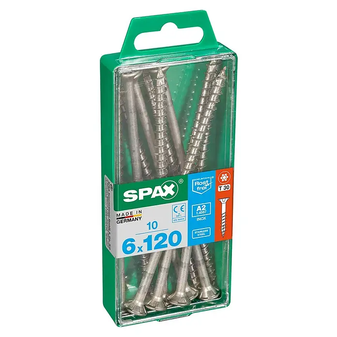 Spax T-Star plus Senkkopfschraube T-Star plus - Ø x L: 6 x 120 mm, Edelstahl, 10 Stk., Teilgewinde - Eine Packung SPAX Edelstahlschrauben A2 1.4567, rostfrei, Größe 6x120 mm, mit T30 Torx-Antrieb, ideal für vielfältige Anwendungen im Außenbereich.
