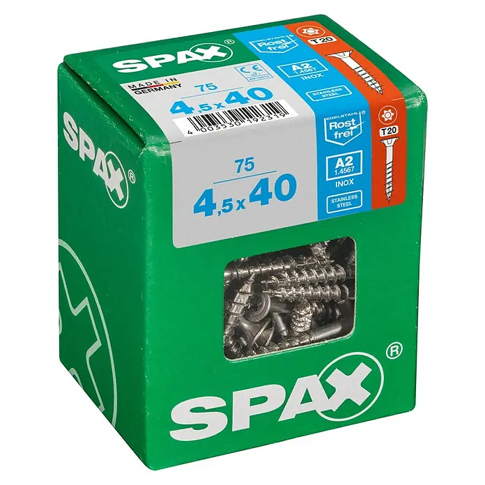 Spax T-Star plus Senkkopfschraube - Ø x L: 4,5 x 40 mm, Edelstahl rostfrei A2, 75 Stk. - Eine grüne Schachtel Spax Edelstahlschrauben A2 4,5x40 mm mit T20-Antrieb, ideal für vielfältige Anwendungen im Innen- und Außenbereich.