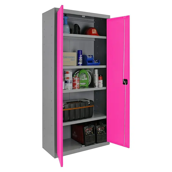 Simonrack Simonlocker Armario multiusos metálico Multi Professional Desmontado - L x An x Al: 40 x 100 x 180 cm, Gris/Rosa, Número de baldas: 4 ud. - Imagen de un armario de herramientas gris con puertas rosas abiertas, mostrando una variedad de herramientas y accesorios en su interior.