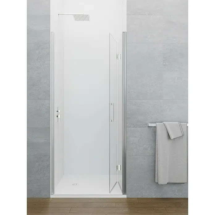 GME Mampara de ducha plegable Glass Combi 2 - 80 x 195 cm, Plata brillo, Espesor de vidrio: 6 mm, An x Al: 80 (40/35) x 195 cm - Amplia cabina de ducha con puertas de vidrio y toallero en un baño moderno.