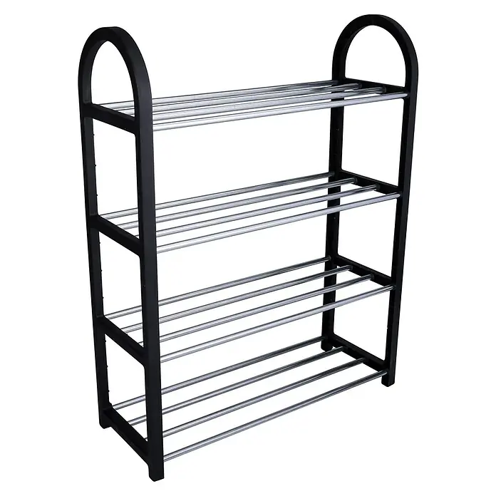 Fulmo Zapatero - L x An x Al: 18,5 x 50 x 56 cm, Negro, Metal - Zapatero negro de cuatro niveles con barras plateadas. Práctico para guardar zapatos en el pasillo o vestidor con este organizador.