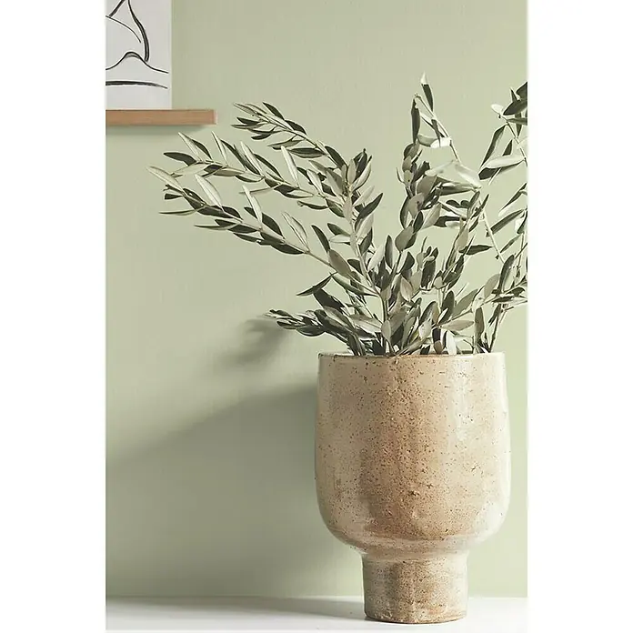 Alpina Wandfarbe Feine FarbenEssenz der Natur, Matt, 2,5 l, Konservierungsmittelfrei - Elegante, hohe Vase aus beigem Keramik, gefüllt mit dekorativen Zweigen, die jedem Raum einen Hauch von natürlicher Eleganz verleiht.