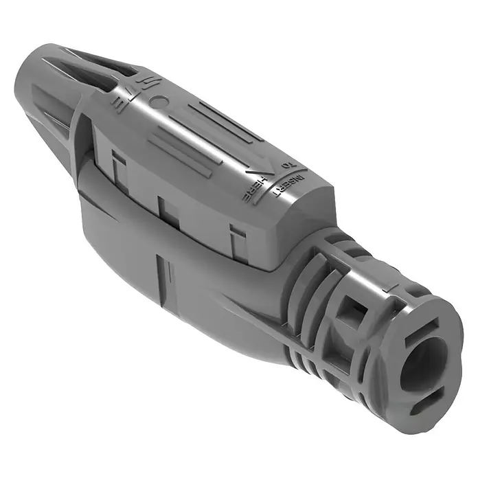 Juego de conectores M/H - MC4, Negro - Un producto gris, posiblemente un conector de cable o componente de enchufe, con la marca "Insert To Here". Tiene un diseño cilíndrico con crestas.