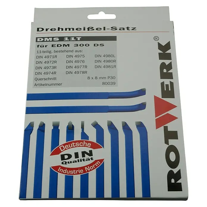 Rotwerk Drehmeißel-Set - Schaftart: 8 x 8 mm, 11 -tlg. - Abbildung einer Drehwerkzeugsatz-Verpackung, die elf Werkzeuge für EDM 300 DS enthält.