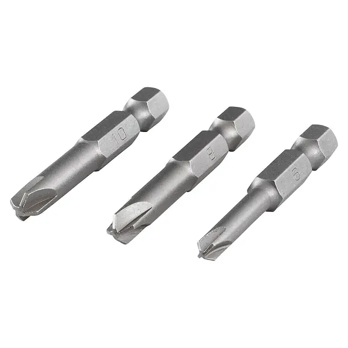 Wolfcraft Bit-Set Solid safety, Torq - Torq 6/8/10, 50 mm, 3 -tlg. - Nahaufnahme von drei Kreuzschlitzschrauber-Bits, die professionelle Qualität und Präzision für Handwerkerarbeiten zeigen.