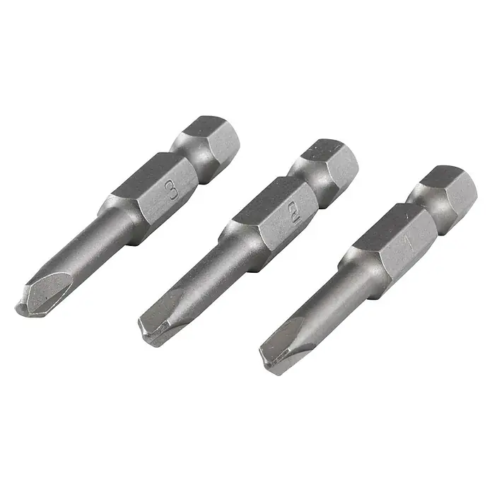 Wolfcraft Bit-Set Solid safety, Tri-Wing - 3 -tlg. - Das Bild zeigt drei silberfarbene Kreuzschlitz-Schrauberbits in den Größen 1, 2 und 3, die auf einem schwarzen Hintergrund angeordnet sind.