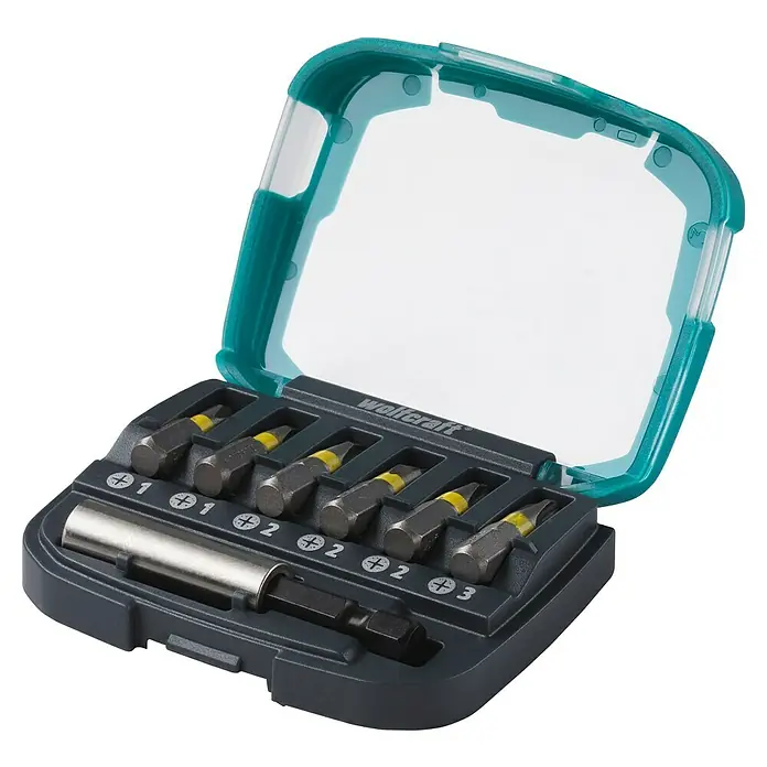 Wolfcraft Bit-Box Kreuzschlitz - PH1/PH2/PH3, 7 -tlg. - Ein Wolfcraft Bit-Set mit verschiedenen Schraubendreher-Bits in einer transparenten, blauen Aufbewahrungsbox.