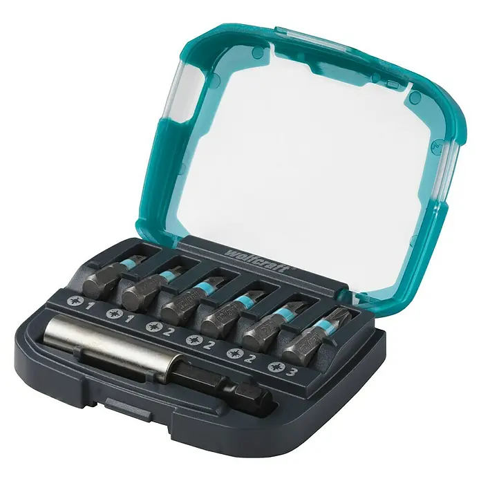 Wolfcraft Bit-Box - PZ1/PZ2/PZ3, 7 -tlg. - Ein offenes Set von Wolfcraft Schrauberbits, inklusive Bit-Halter und verschiedenen Schraubaufsätzen, ideal für Heimwerkerprojekte.