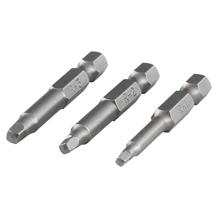 Wolfcraft Bit-Set Solid safety, Innenvierkant - R 4/5/6, 50 mm, 3 -tlg. - Ein Blick auf drei silberne Vierkant-Schraubendreher-Bits unterschiedlicher Größe, nummeriert mit R-1, R-2 und R-3, auf schwarzem Hintergrund.