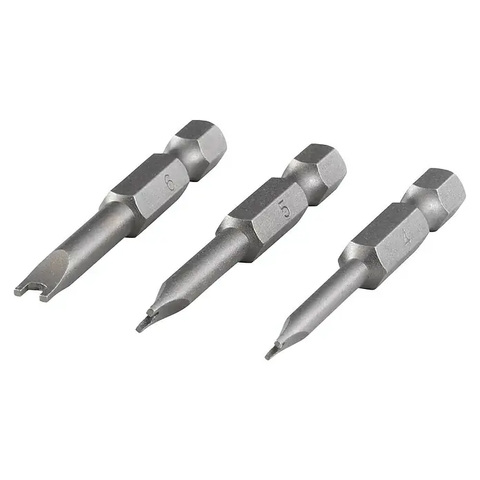 Wolfcraft Bit-Set Solid safety, Spanner - 50 mm, 3 -tlg., SP 4/5/6 - Nahaufnahme von drei Schraubendreher-Bits unterschiedlicher Größe und Form, die sich ideal für verschiedene Schrauben eignen.