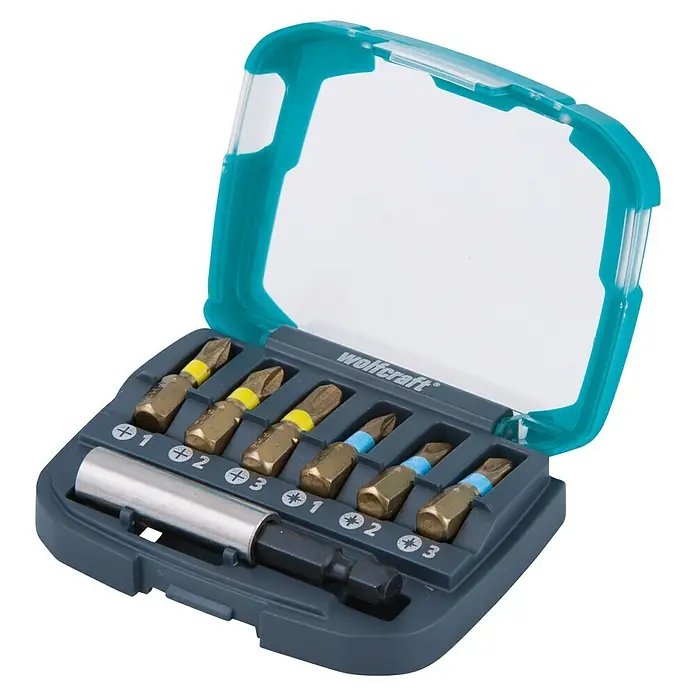 Wolfcraft Bit-Box Kreuzschlitz - Diamantbeschichtet, 7 -tlg. - Wolfcraft Bit-Set mit verschiedenen Aufsätzen und Halterung in einem praktischen Aufbewahrungskasten mit durchsichtigem Deckel.