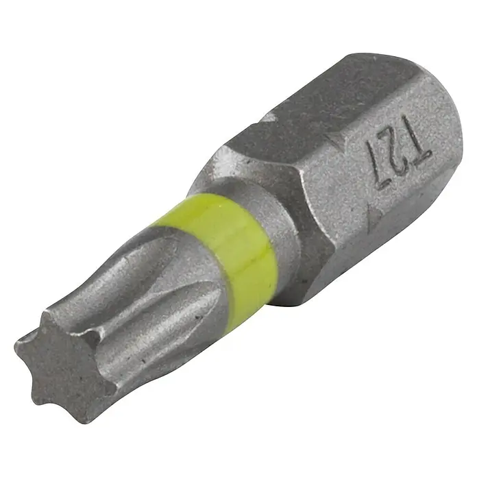 Wolfcraft Bit Solid - 25 mm, 3 Stk. - Ein T27 Torx-Bit mit gelbem Ring zur einfachen Identifizierung, ideal für Schraubarbeiten.
