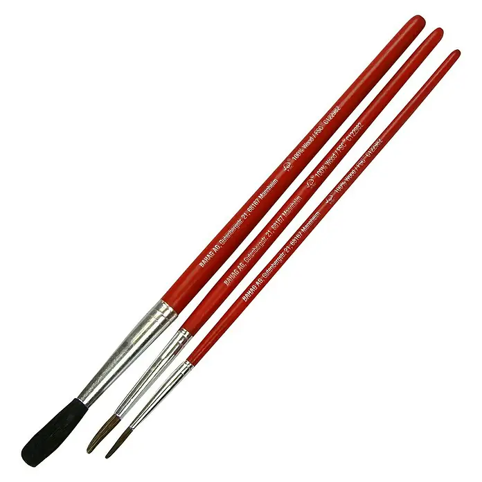 Hobbypinsel-Set - 3 -tlg., Größe Pinsel: 02, 04, 10, Naturholz - Drei rote Pinsel der Marke BAHAG AG, ideal für feine Malarbeiten und Detailarbeiten.