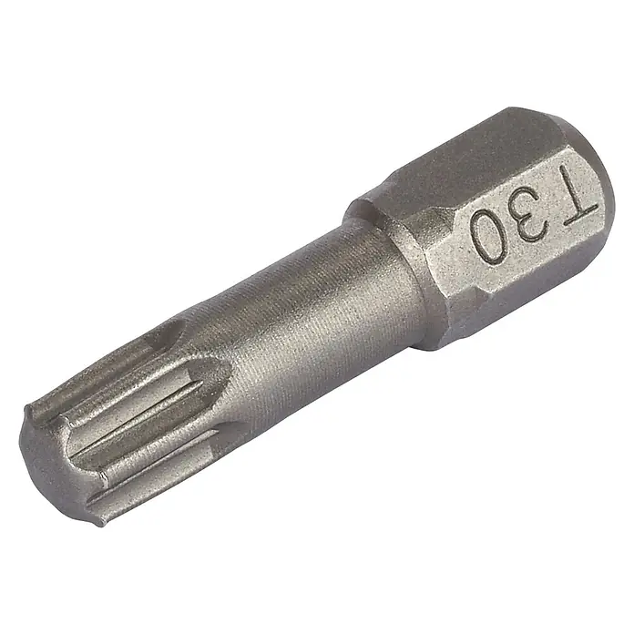 Wolfcraft Bit-Box Fix-Grip - Torx, 7 -tlg. - Nahaufnahme eines T30 Torx-Bit-Einsatzes für Schraubendreher, ideal für präzise Schraubarbeiten.