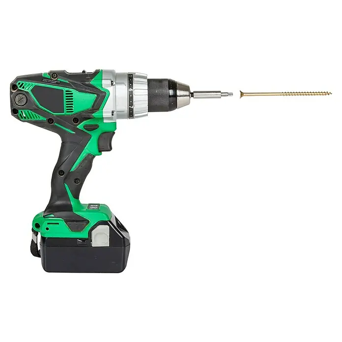 Wolfcraft Bit-Box Fix-Grip - Torx, 7 -tlg. - Bild einer grünen Akku-Bohrmaschine mit einem Schraubenzieher-Bit und einer Schraube, ideal für Heimwerkerprojekte.