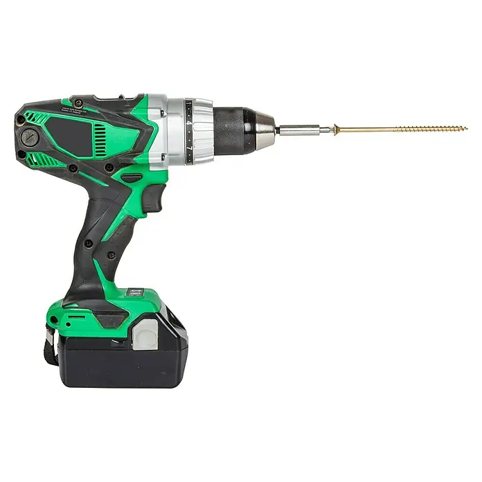 Wolfcraft Bit-Box Fix-Grip - Torx, 7 -tlg. - Akkuschrauber mit Bohraufsatz vor schwarzem Hintergrund. Das Werkzeug hat grüne und silberne Akzente und ist mit einer Schraube versehen.