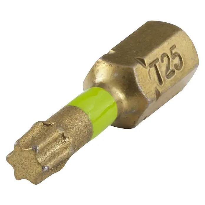 Wolfcraft Diamant-Bit - TX 25 - Nahaufnahme eines Torx T25 Schraubendrehereinsatzes mit grüner Markierung, ideal für präzise Schraubarbeiten.