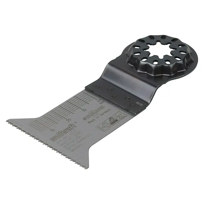 Wolfcraft Tauchsägeblatt Expert BiM - Arbeitsbreite: 50 mm - Das Bild zeigt ein Wolfcraft Starlock Oszillationssägeblatt, ein Werkzeug zum Sägen verschiedener Materialien, mit Größenmarkierungen und "Made in Germany"-Aufschrift.