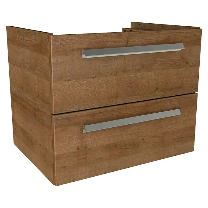 Lanzet K1 Badmöbel-Set K16B2L - Gesamtbreite Badmöbel: 59,2 cm, Berg Eiche, DIN Anschlag: Links - Aufnahme eines Unterschranks aus Holz mit zwei Schubladen und silberfarbenen Griffen vor schwarzem Hintergrund.