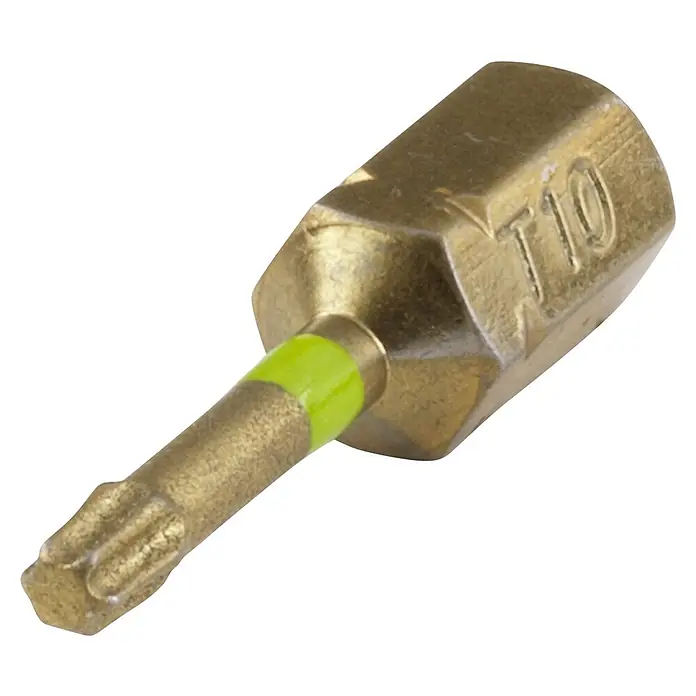 Wolfcraft Diamant-Bit - TX 10 - Nahaufnahme eines goldfarbenen Torx-Schraubendreher-Bits T10 mit grünem Ring.